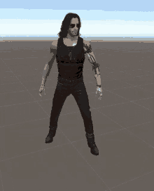 a man with sunglasses and a tattoo on his arm is standing in a video game