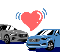 two volvo cars are standing next to each other with a red heart above them