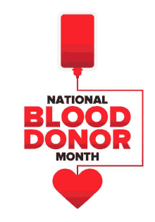 a poster for national blood donor month with a heart and a bag of blood