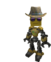 a robot wearing a straw hat and sunglasses is smiling