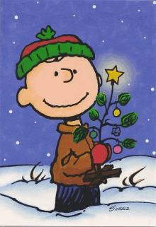 a cartoon of charlie brown holding a small christmas tree