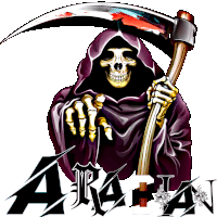 a grim reaper holding a bloody scythe with the word arabian below it