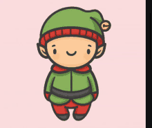 a cartoon drawing of an elf with a green hat and red sweater