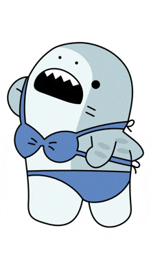 a cartoon shark is wearing a blue bikini with a bow tie .