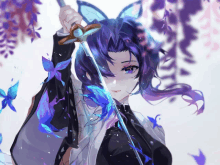 a girl with purple hair is holding a sword in her right hand