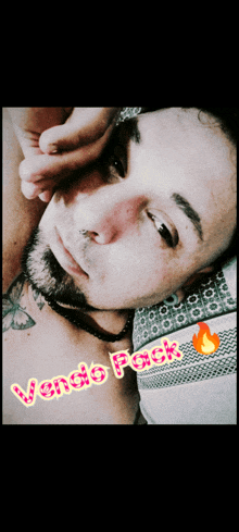 a man with a tattoo on his neck is laying on a bed with the words vendo pack written above him