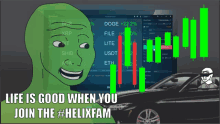 a cartoon of a man sitting in a car with the words life is good when you join the helixfam