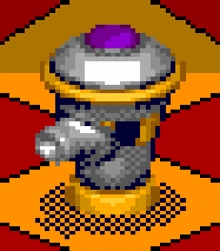 a pixel art of a silver object with a purple circle in the middle