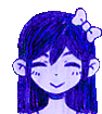 a drawing of a girl with purple hair and a bow in her hair .