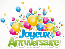 a greeting card that says joyeux anniversaire with balloons in the background