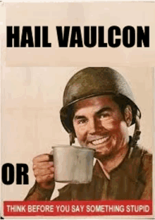 a soldier is drinking a cup of coffee and smiling on a poster .