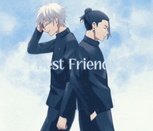 two anime characters standing next to each other with the words best friend written on the bottom