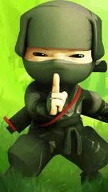 a cartoon ninja is holding his finger to his lips and making a silence sign .