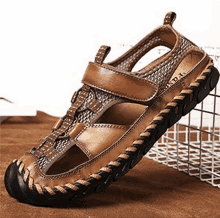 a pair of brown sandals sitting on top of a basket .