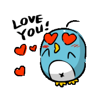 a blue penguin with red hearts in its eyes says " love you "