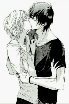 a black and white drawing of a boy and girl kissing