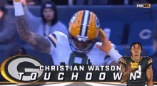 a christian watson touchdown advertisement with a green bay packers player in the background