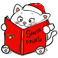 a cartoon cat wearing a santa hat is reading a book called santa paws