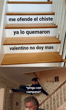 a staircase with the words me ofende el chiste ya lo quemaron written on them