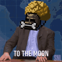 a man in a suit is sitting at a table with the words to the moon written on the bottom