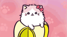 a cartoon cat is sitting on top of a banana peel .