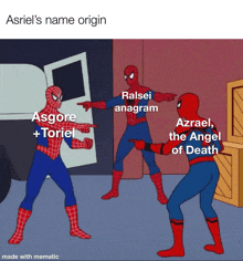 a cartoon of spider-man pointing at asriel and azrael