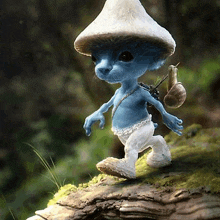 a smurf wearing a mushroom hat and carrying a snail on his back is walking on a log .