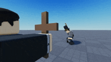 a cartoon character in a top hat is standing in front of a cross