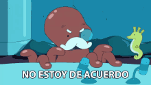 a cartoon octopus with a mustache speaking into a microphone with the words no estoy de acuerdo below it