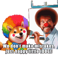 bob ross is painting a picture of a dog wearing a clown hat