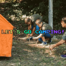 a group of people are setting up a tent with the words " let 's go camping " written above them