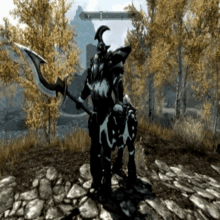 a screenshot of a video game shows a knight with a spear and a horse