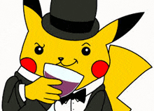 a cartoon pikachu wearing a top hat and bow tie is holding a glass of wine .