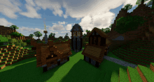 a minecraft scene with a clock tower and a few houses