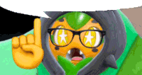 a cartoon character wearing glasses and a hood is pointing up .