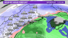 a map showing the hour by hour forecast for wednesday at 5:00 am