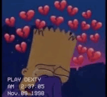 bart simpson is crying with a bunch of broken hearts around his head .