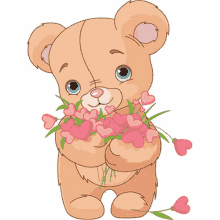 a brown teddy bear is holding a bouquet of pink flowers