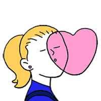 a woman is blowing a heart shaped bubble gum .