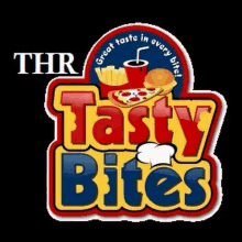 the logo for thr tasty bites shows a chef 's hat and a pizza .