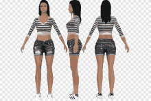 a 3d model of a woman wearing shorts and a striped shirt with adidas shoes