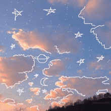 a drawing of a cloudy sky with stars and planets