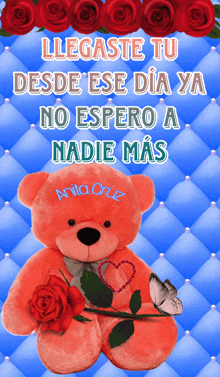 a teddy bear with the name ania cruz on it holds a red rose