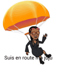 a cartoon girl is flying through the air with an orange parachute with the words suis en route ma juju below her