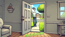 a cartoon drawing of a man standing in front of a door that says good