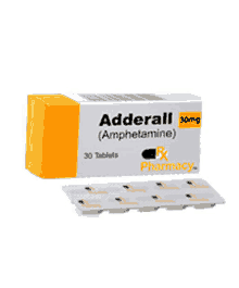 a box of adderall 30mg tablets sitting on a white surface