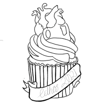 a black and white drawing of a cupcake with celhos 2021 written on a banner