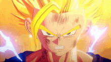 a close up of a dragon ball z character 's face with lightning coming out of it .