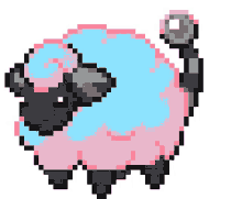 a pixel art of a sheep with pink and blue wool