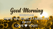 a picture of sunflowers with the words " good morning brenda hope you have a fabulous day !!! love you !!! "